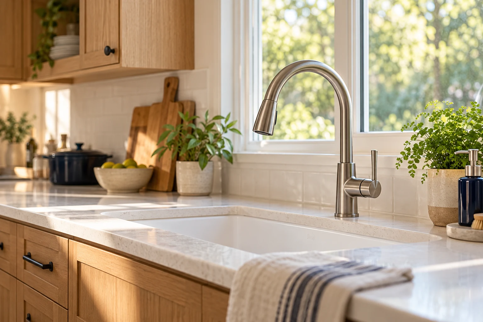 A welcoming kitchen with a brushed steel tap and natural oak finishes